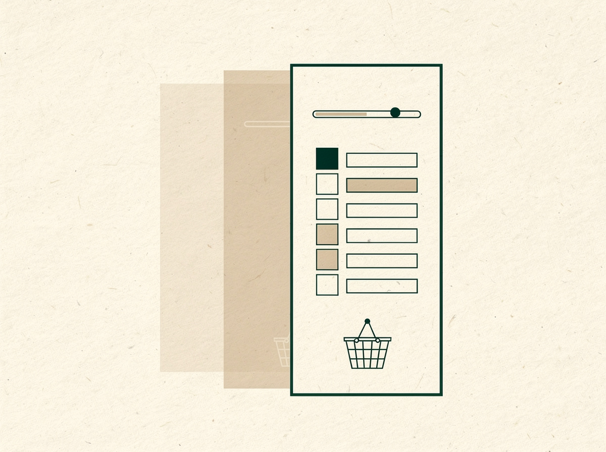 Geometric illustration of a slide-out cart drawer with list rows and progress bar