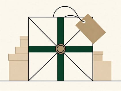 Geometric illustration of a wrapped gift box with ribbon and tag