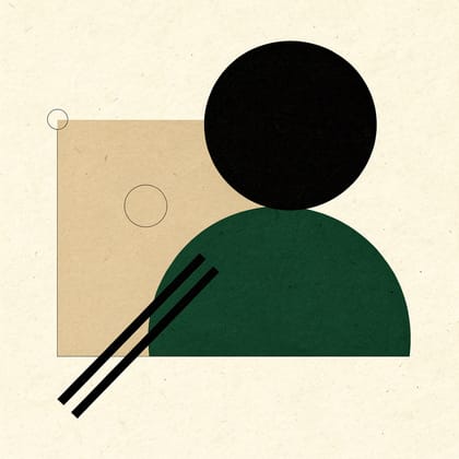 Abstract geometric portrait of Sekon Karmokar in ink, forest green and sand on paper